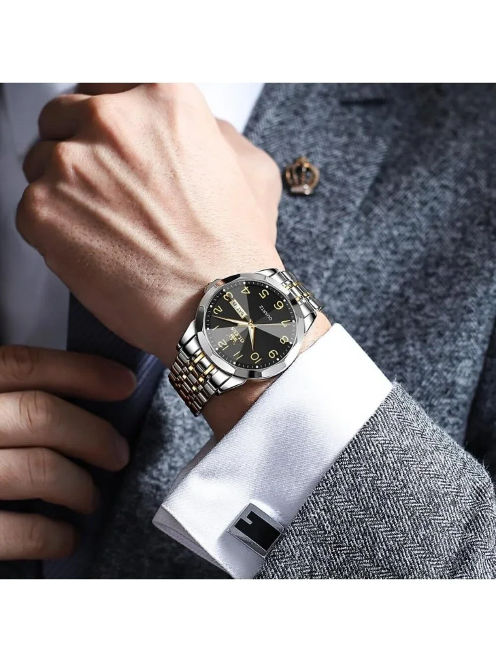 Men's Silver Gold Stainless Steel Analog Quartz Classic Waterproof Round Watch